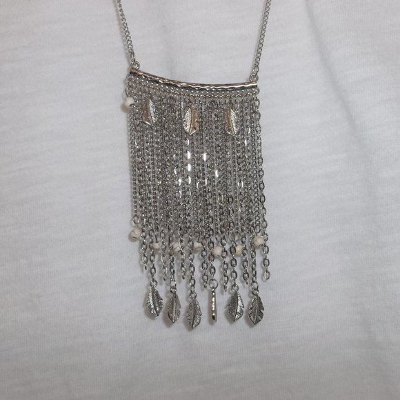 Feather Necklace & Earring Set Cream Silver Beaded Long Boho Style Fashion A641 - Picture 5 of 7